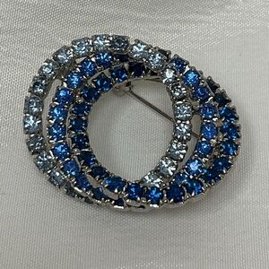 Vintage Blue and Light Blue Crystal Double-Ring Brooch